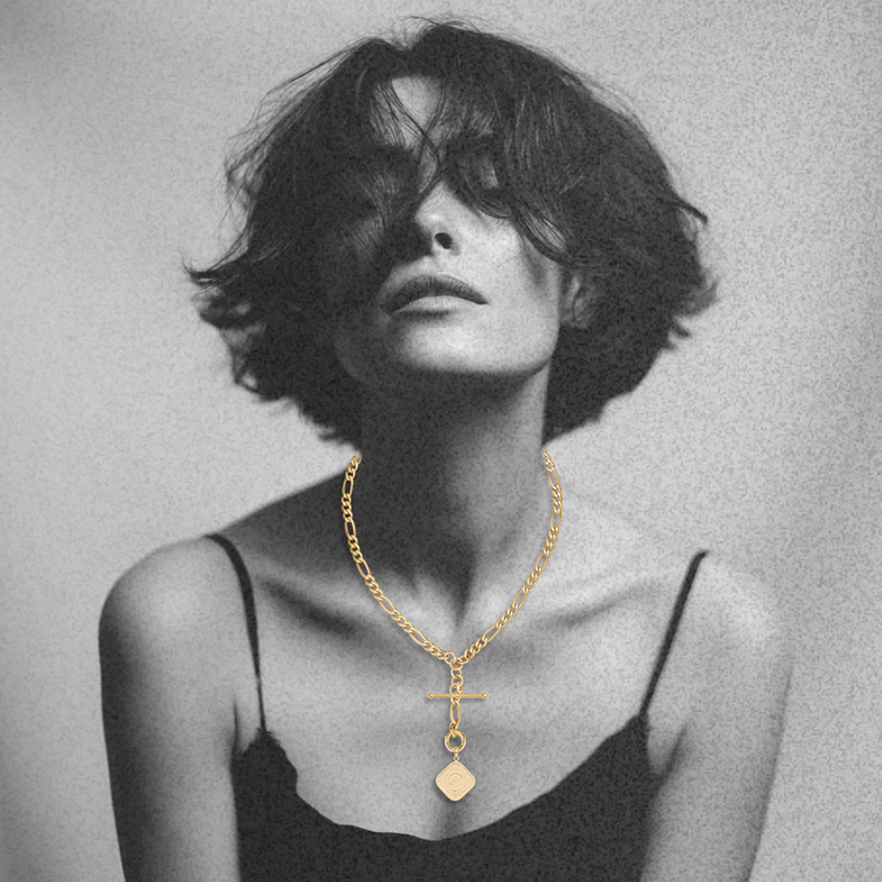 woman wearing 14k gold albert watch chain style toggle necklace with square coin pendant by jessica liu