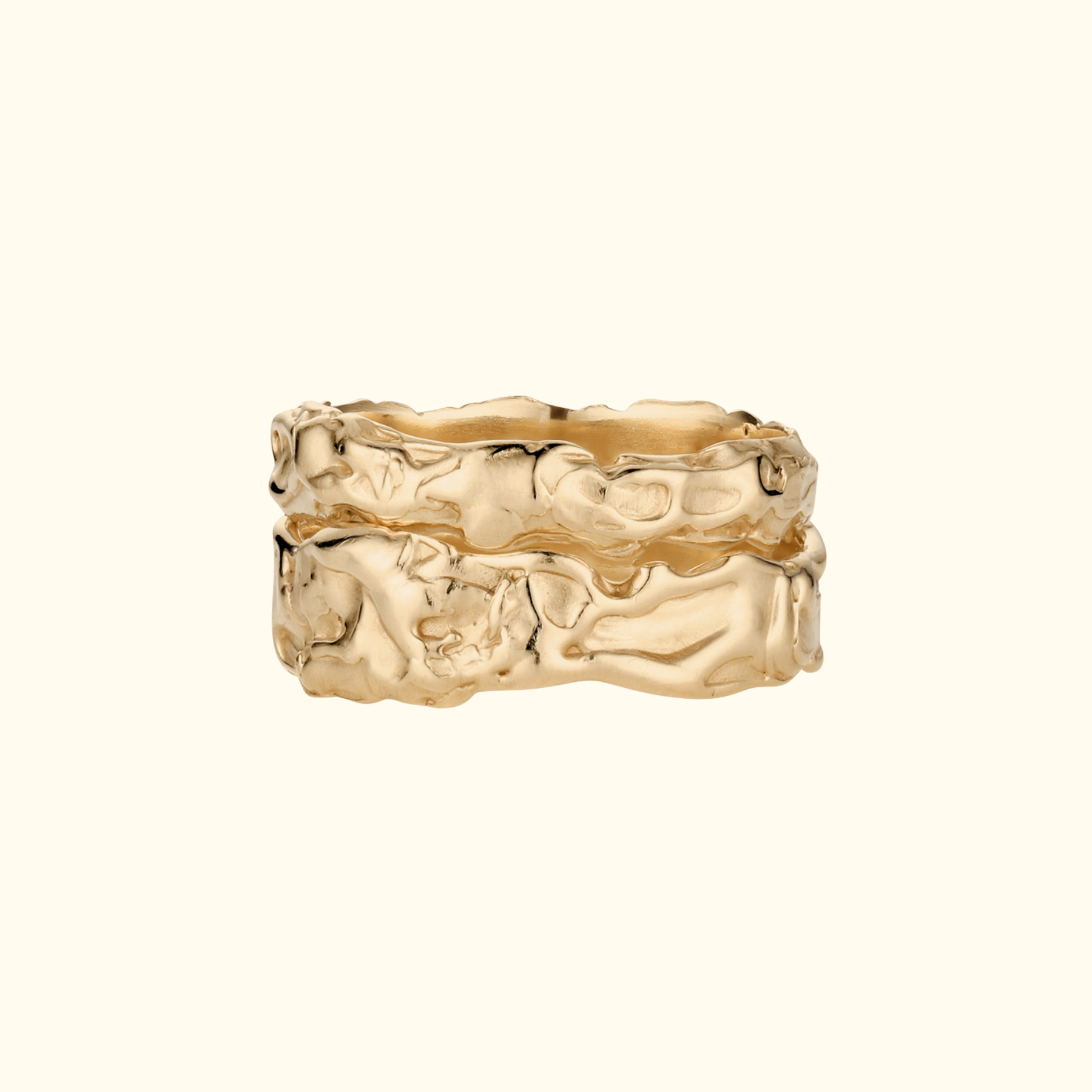 3mm and 5mm organic molten ring band stack in 10k gold by jessica liu