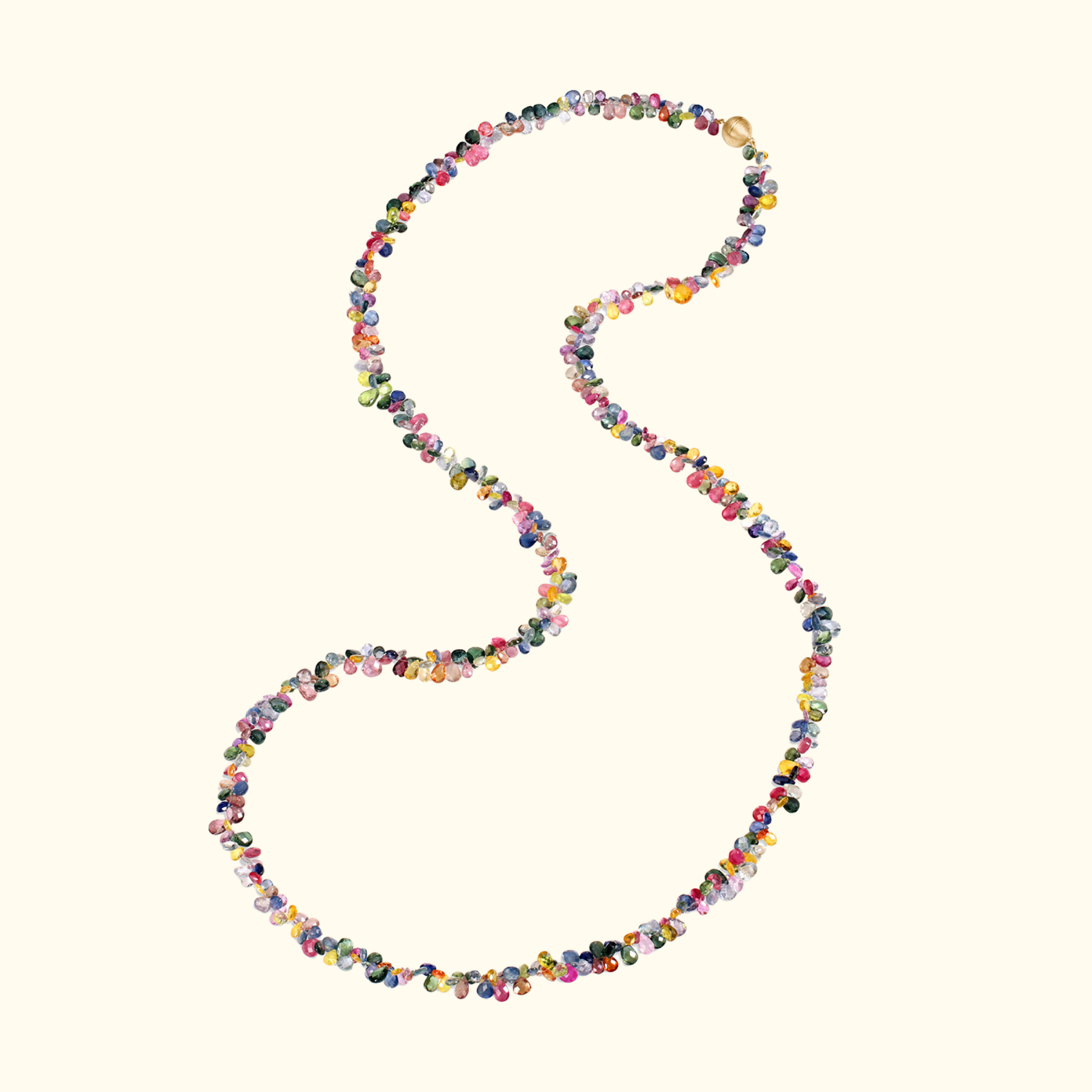 extra long multicolored sapphire gemstone necklace with a 14k gold ball clasp by jessica liu