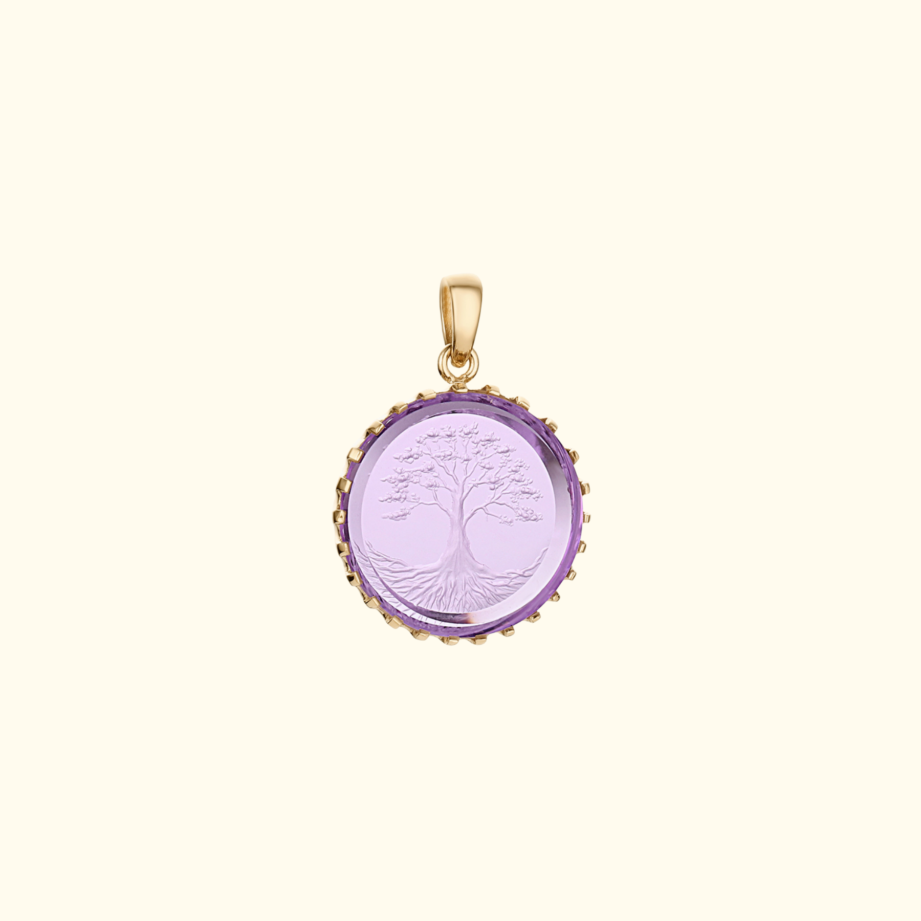 tree of life intaglio on round amethyst stone in 14k gold pendant setting by jessica liu