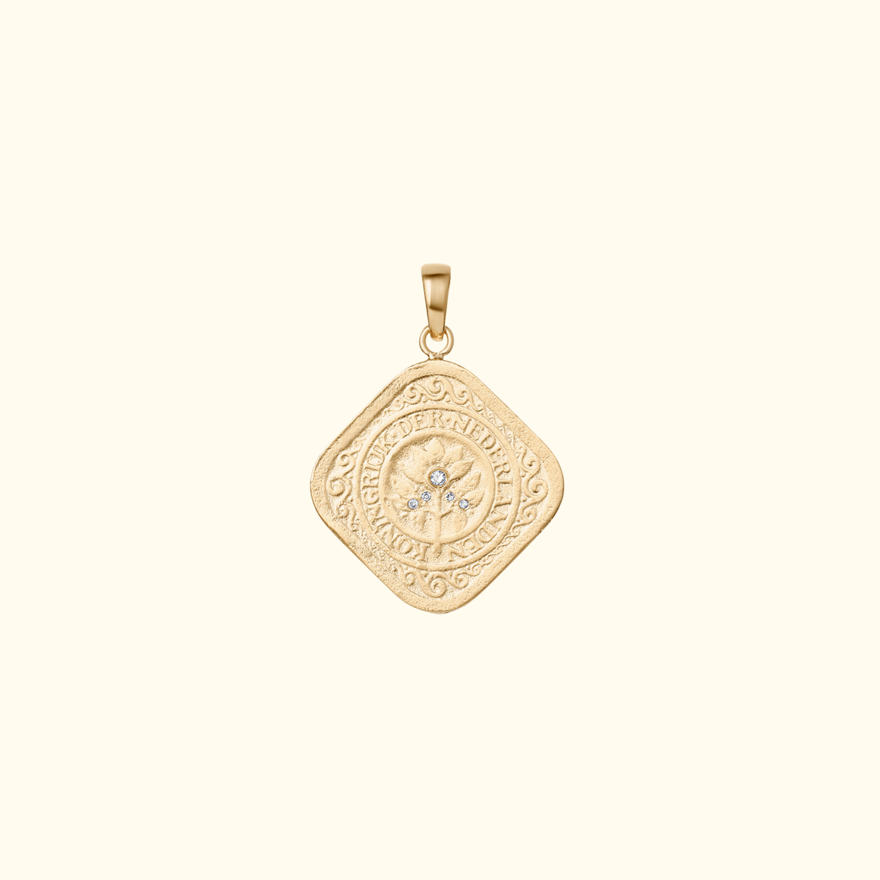 1914 netherlands coin pendant in 14k gold with white diamonds by jessica liu