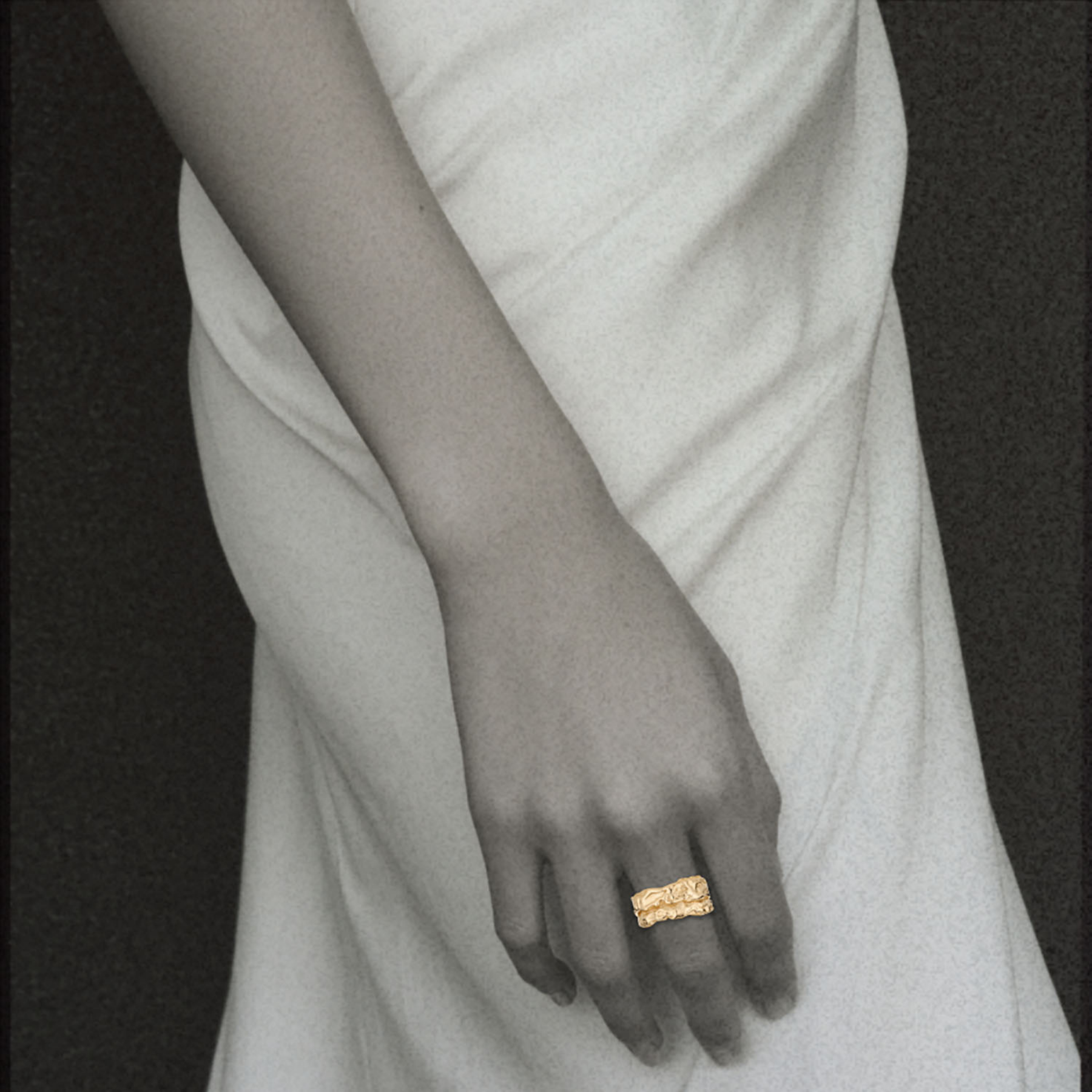 organic molten ring band stack in 10k gold by jessica liu