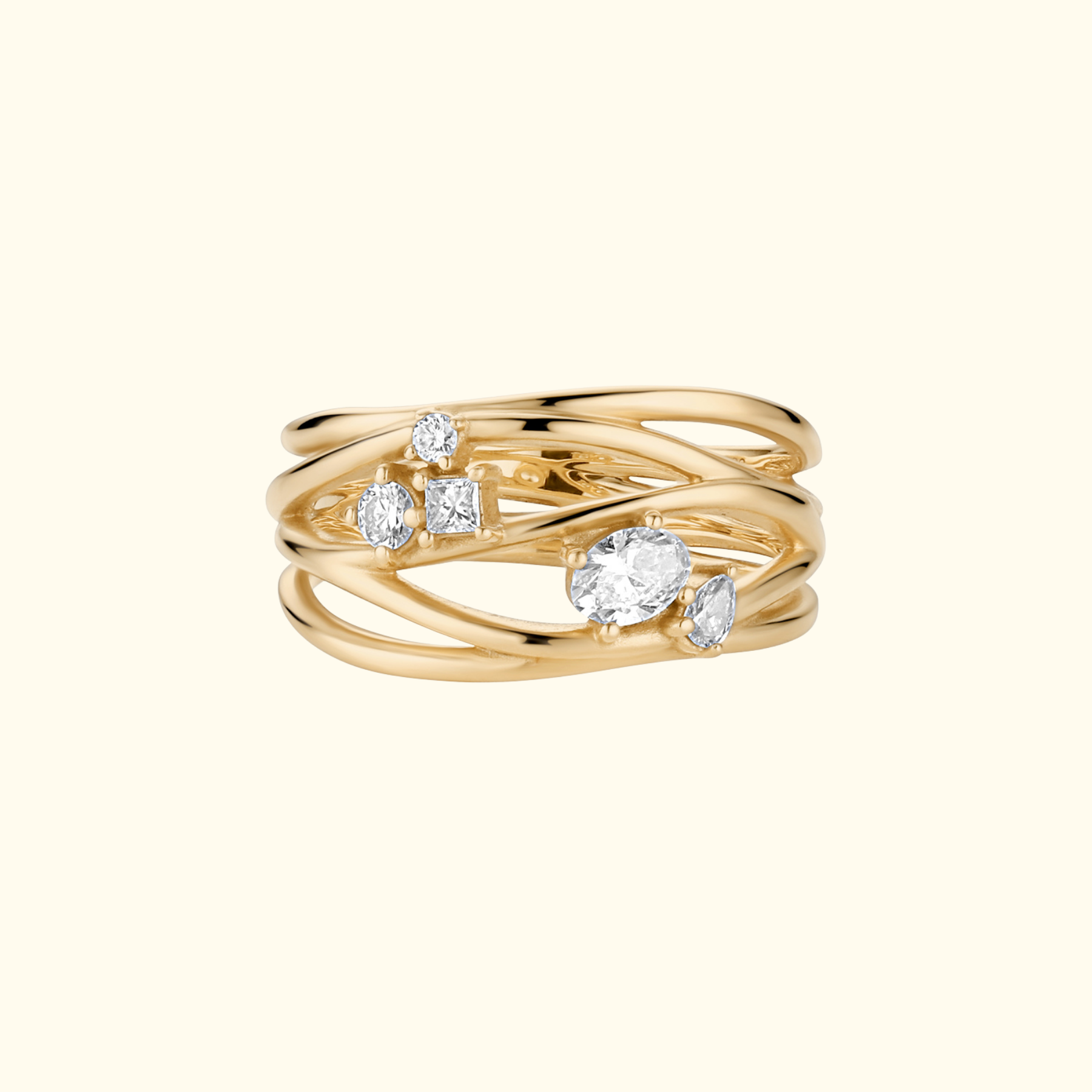 organic interweaving 14k gold ring with 5 white diamonds by jessica liu