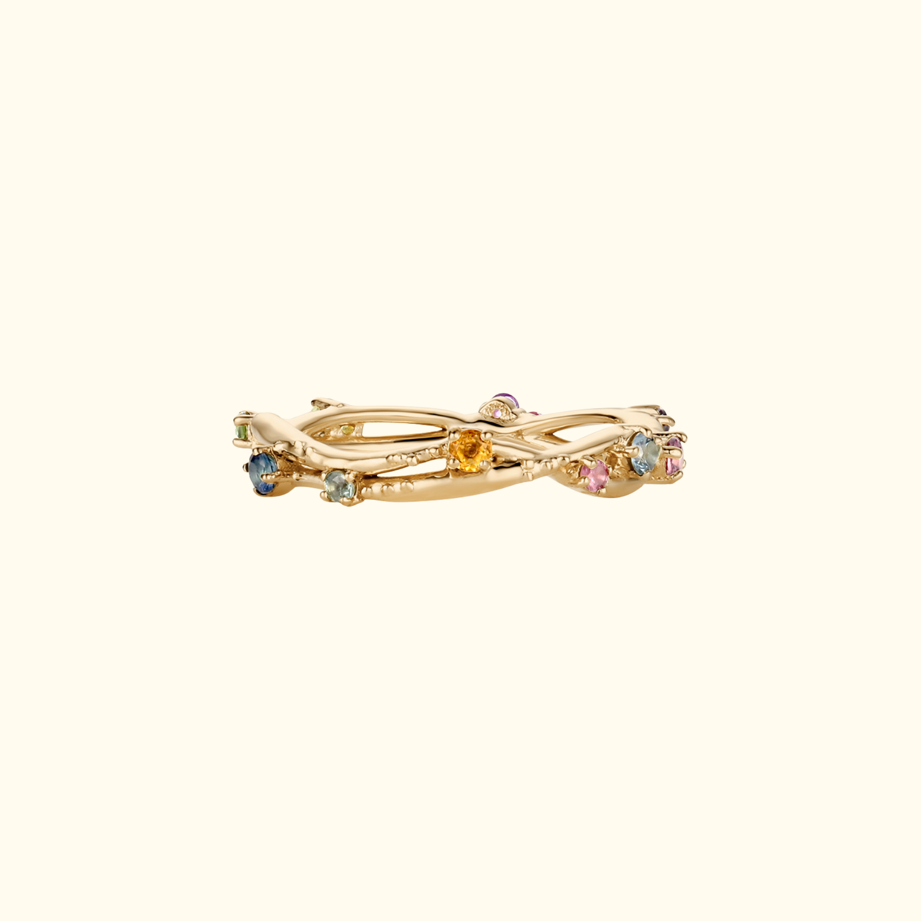organic interweaving ring band with multicolored stones by jessica liu