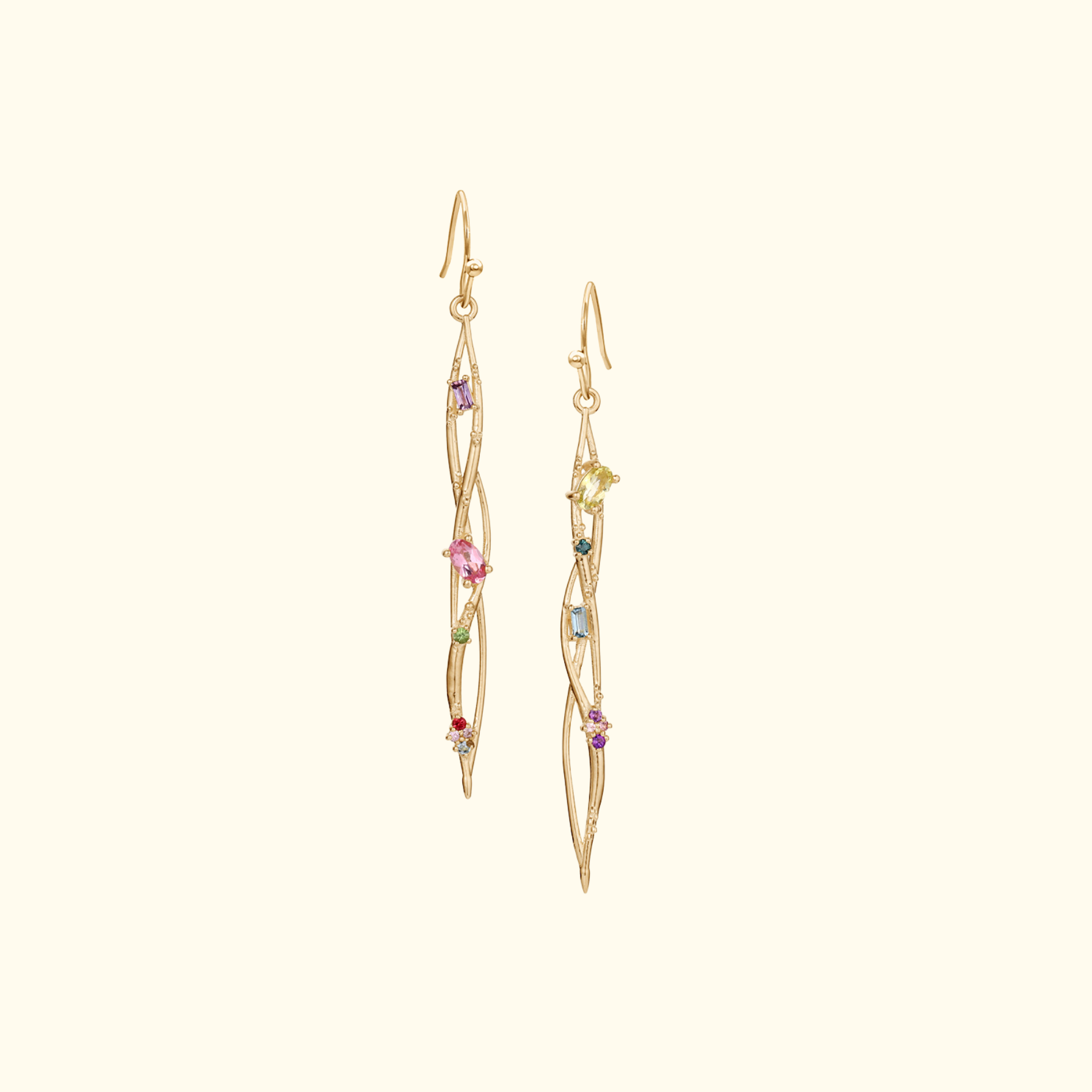 organic interweaving earrings in 14k gold with colorful gemstones by jessica liu