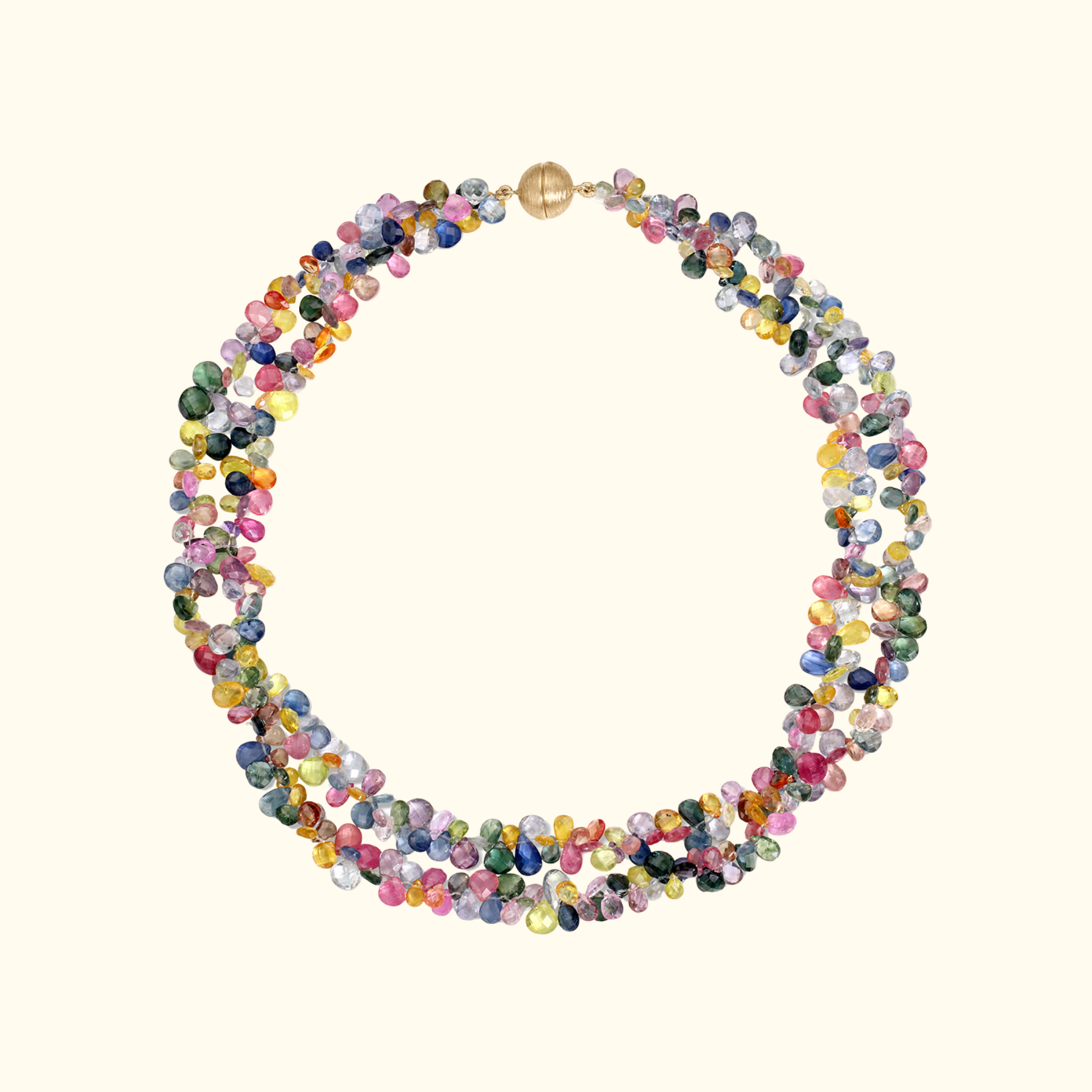 double strand of multicolored sapphire gemstones with a gold ball clasp by jessica liu 
