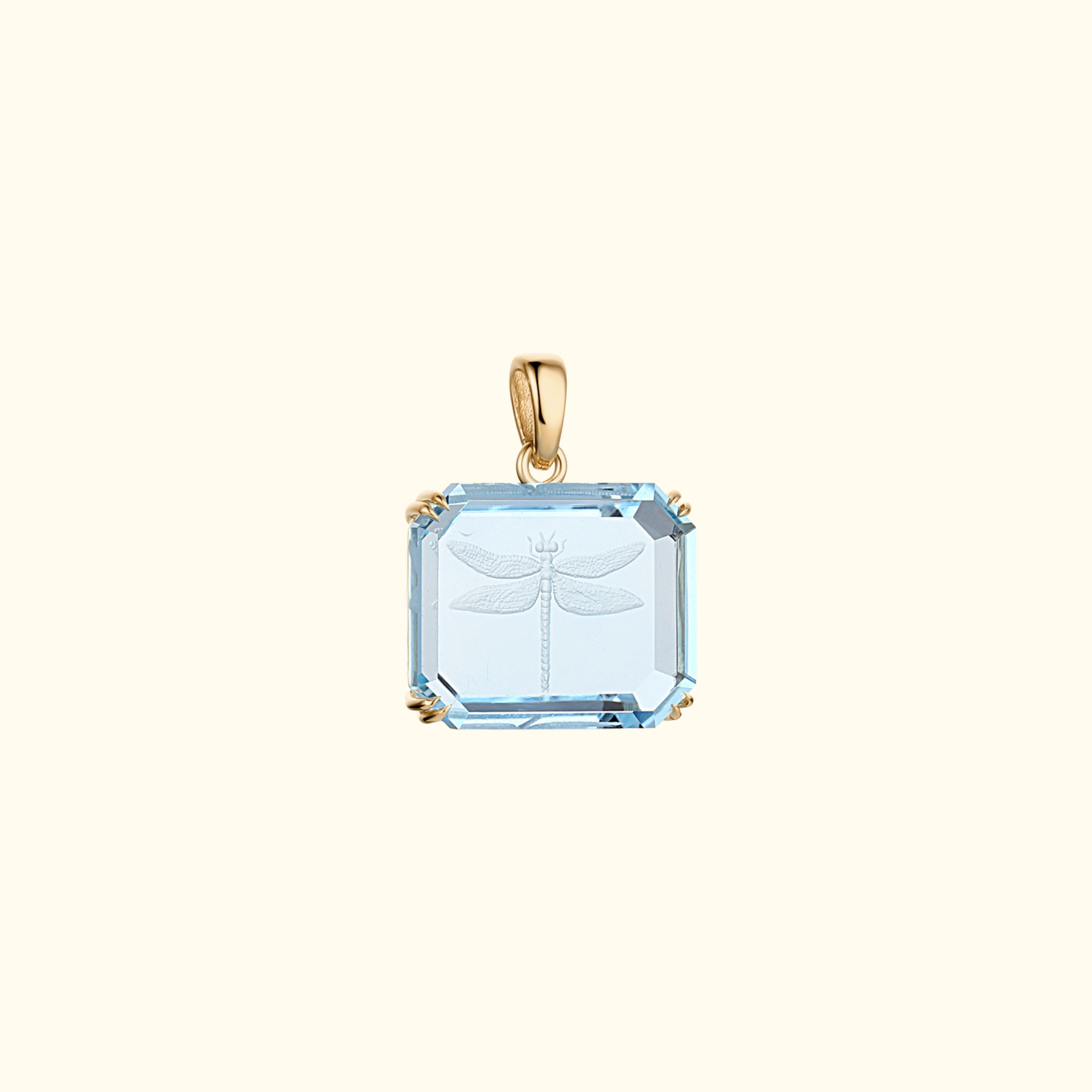 dragonfly intaglio carving on a rectangular blue topaz pendant in 14k gold by jessica liu 