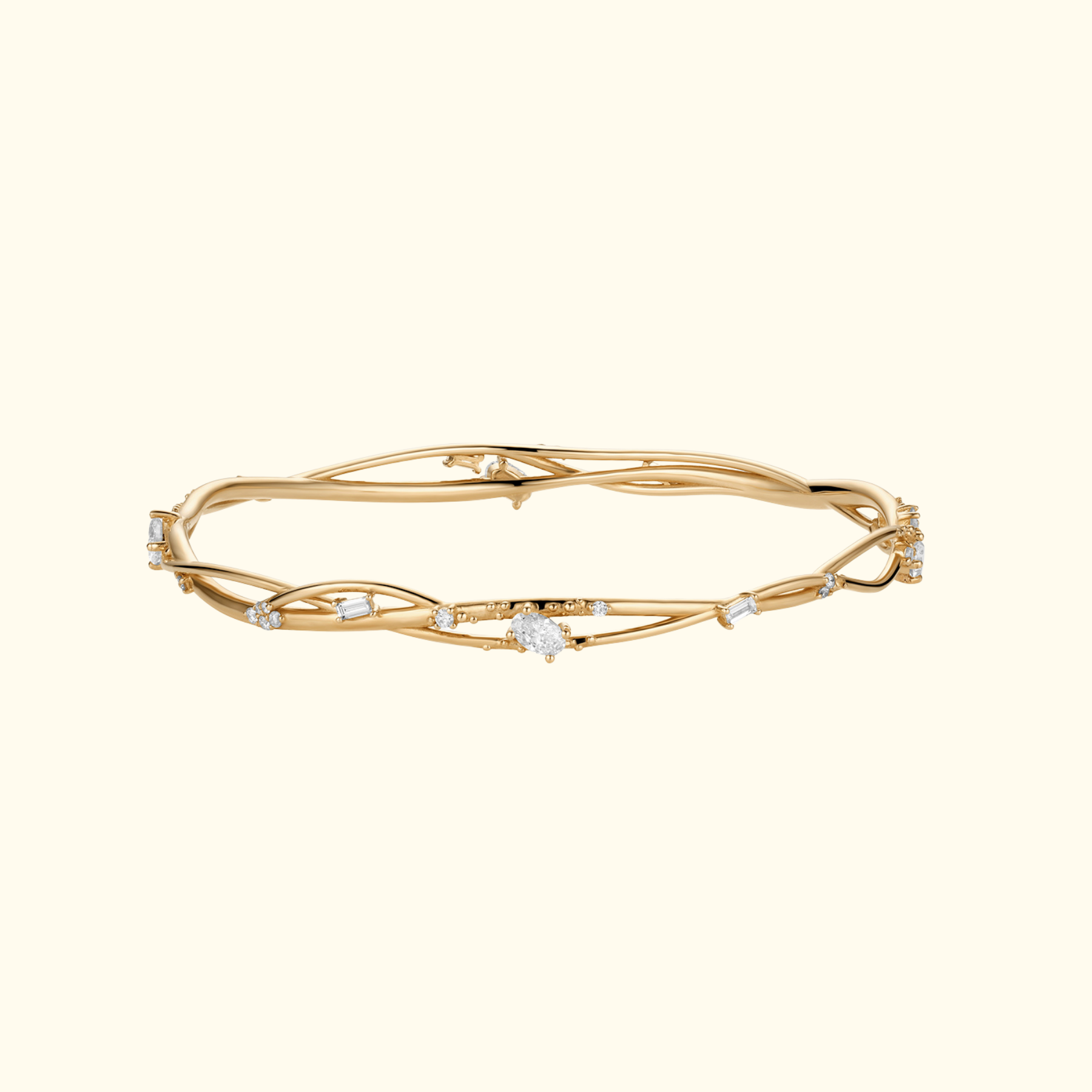 organic interweaving bangle in 14k gold studded with white diamonds by jessica liu