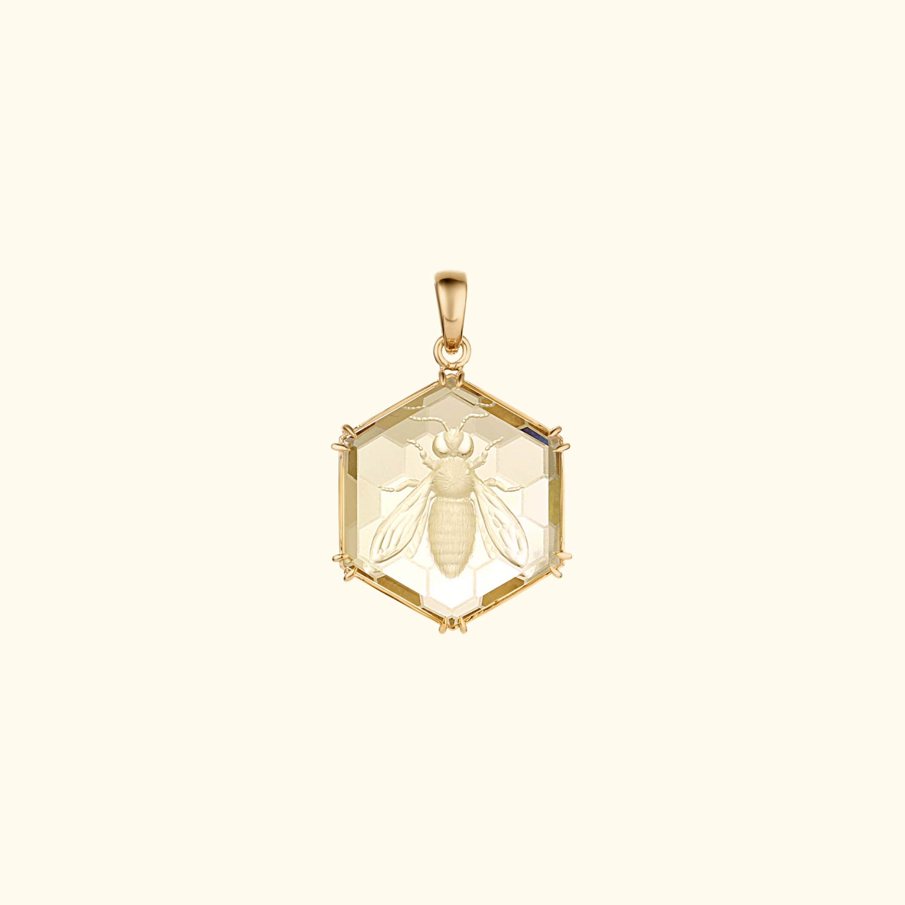 honeybee intaglio carving on a hexagon citrine pendant in 14k gold by jessica liu 