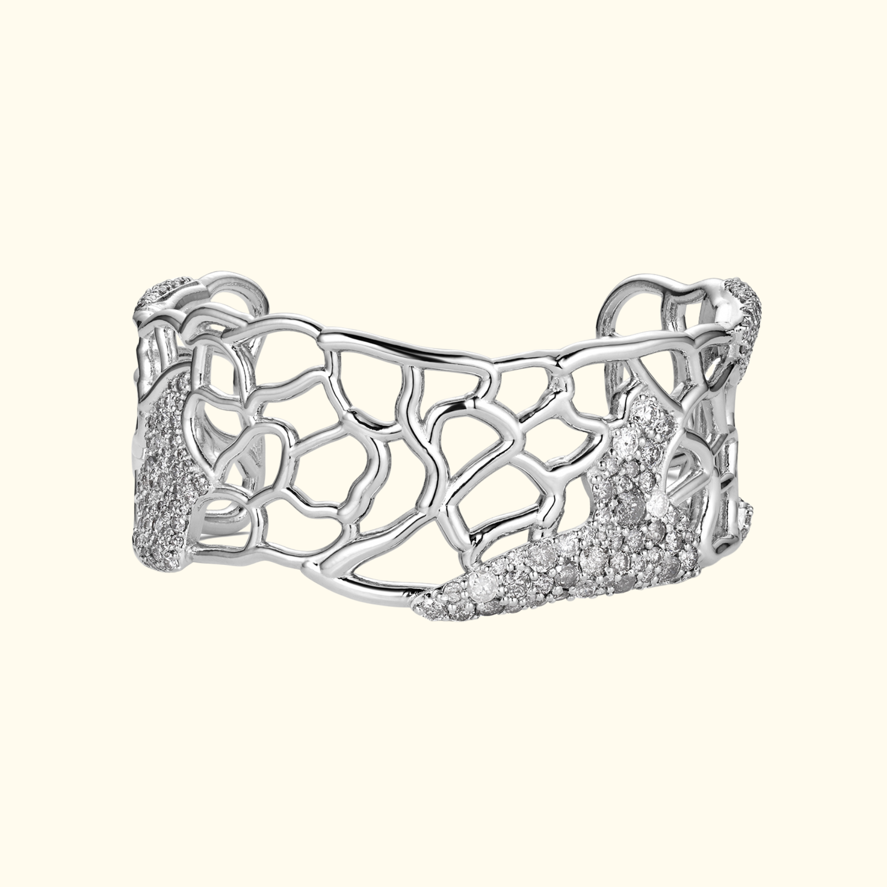 organic abstract cuff bracelet in white gold with salt and pepper diamonds by jessica liu