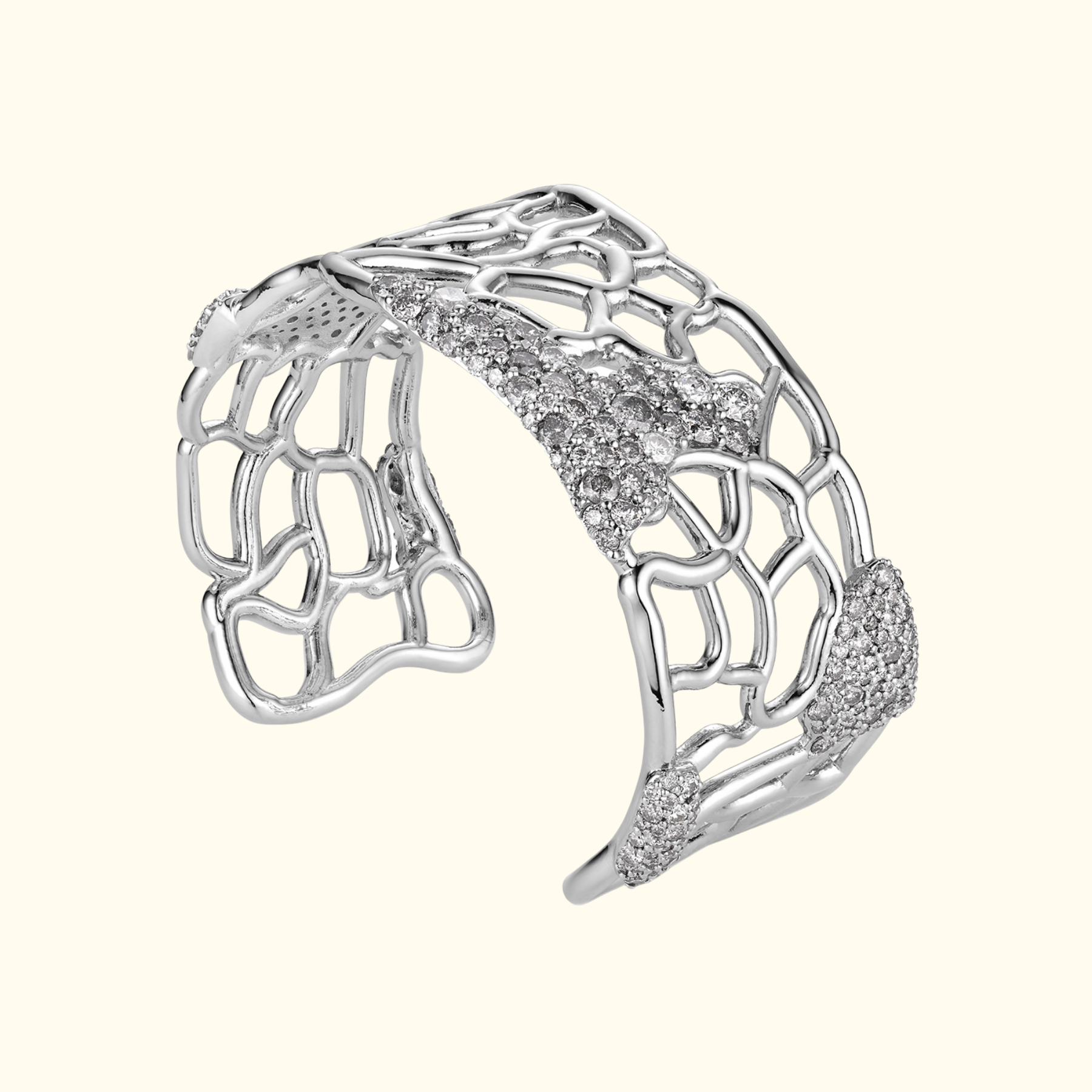organic abstract cuff bracelet in white gold with salt and pepper diamonds by jessica liu