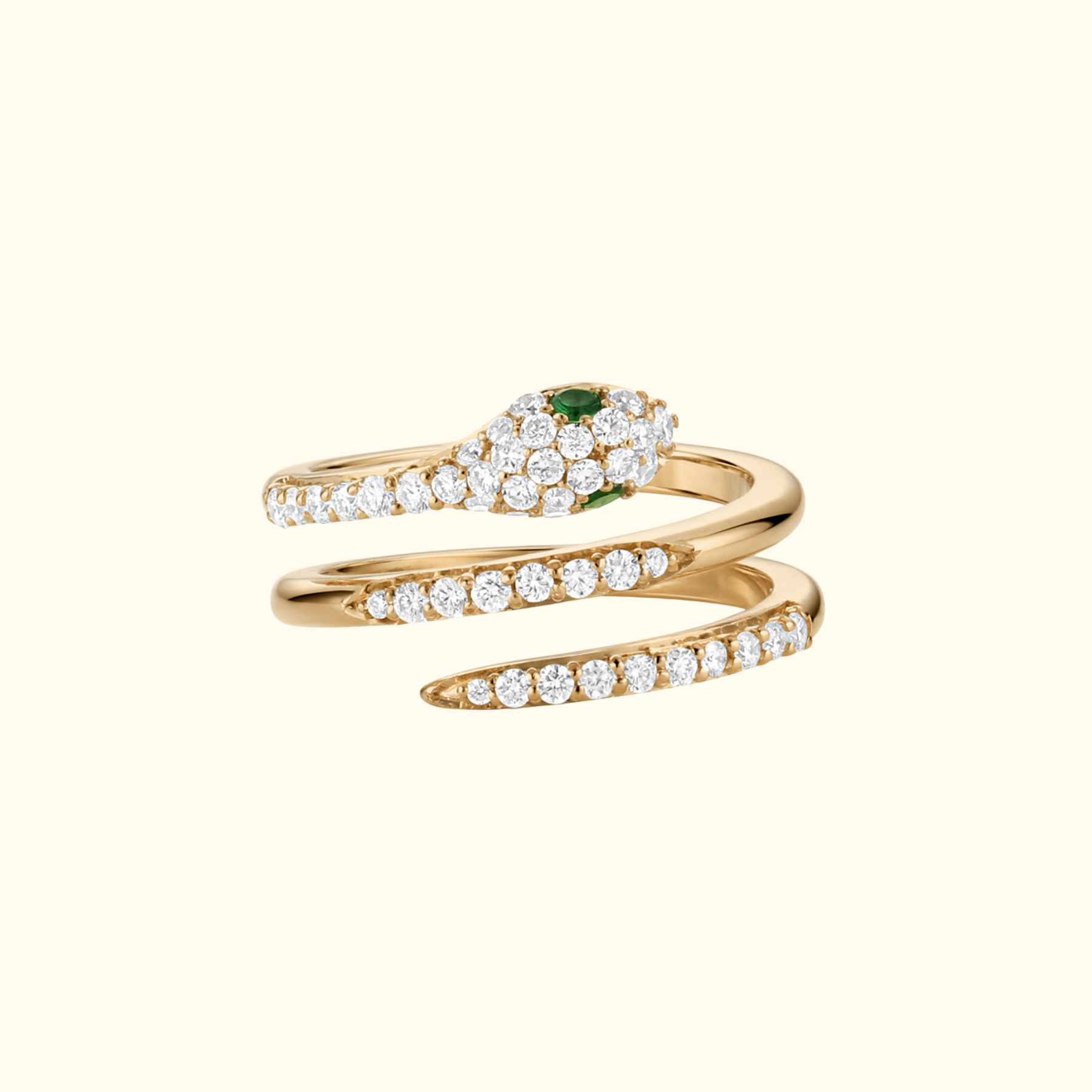 snake midi upper knuckle ring with pave white diamonds and green tsavorite eyes by jessica liu
