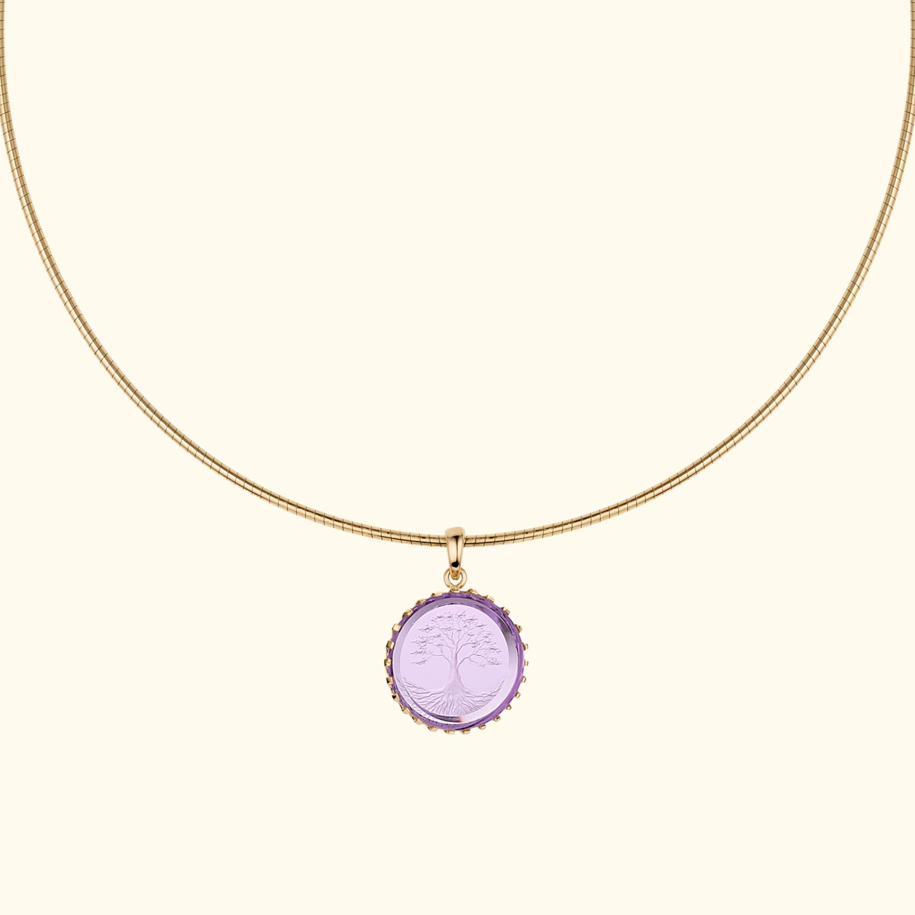 tree of life intaglio on round amethyst stone in 14k gold pendant setting and 14k gold omega chain by jessica liu