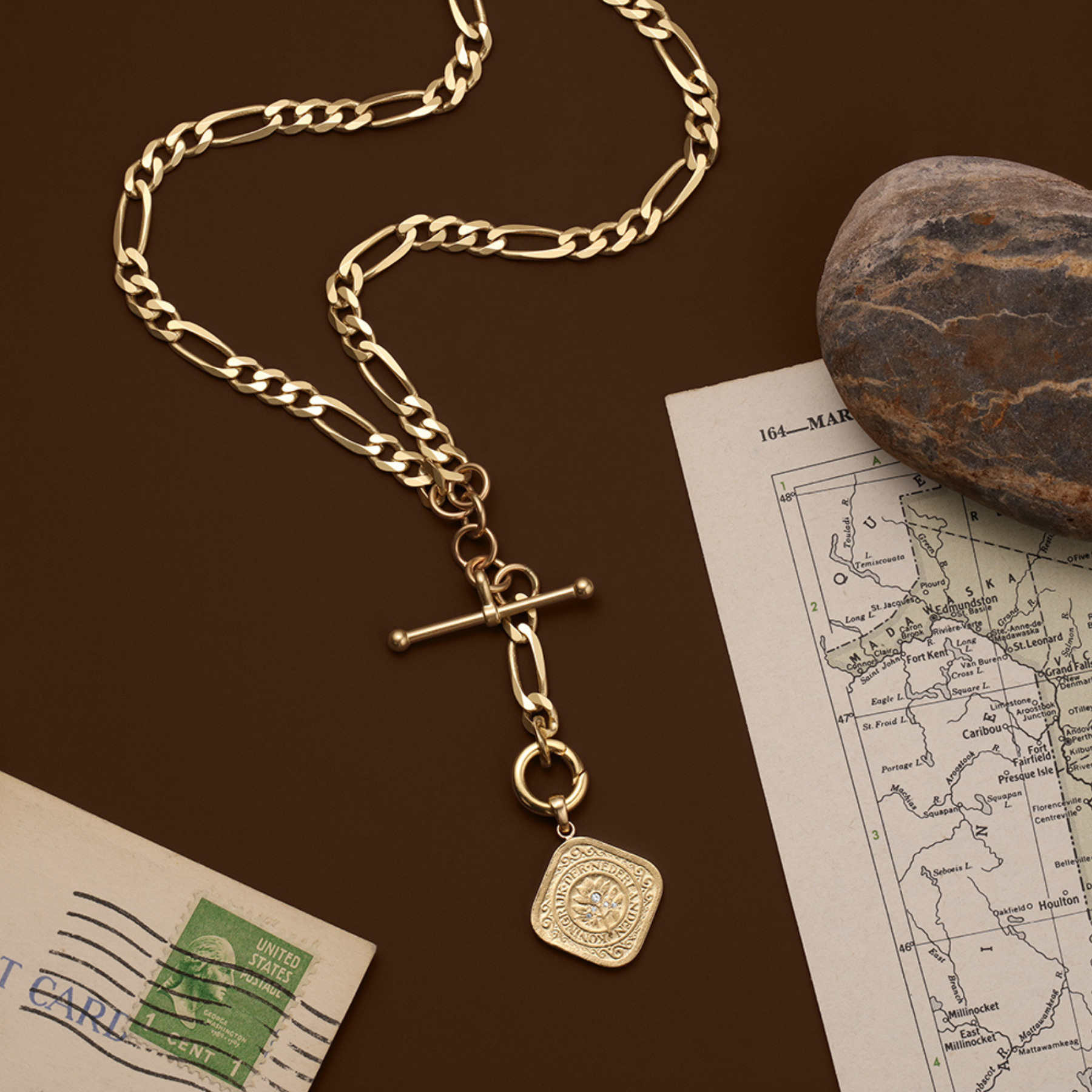1914 netherlands coin pendant in 14k gold with white diamonds on albert watch chain necklace by jessica liu